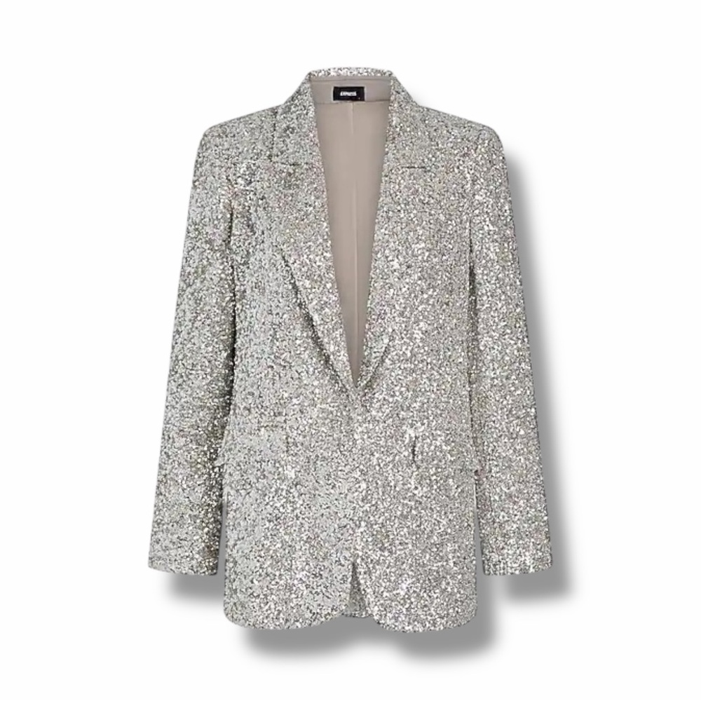 Express Open Front Stretch Silver Sequin Blazer - Medium